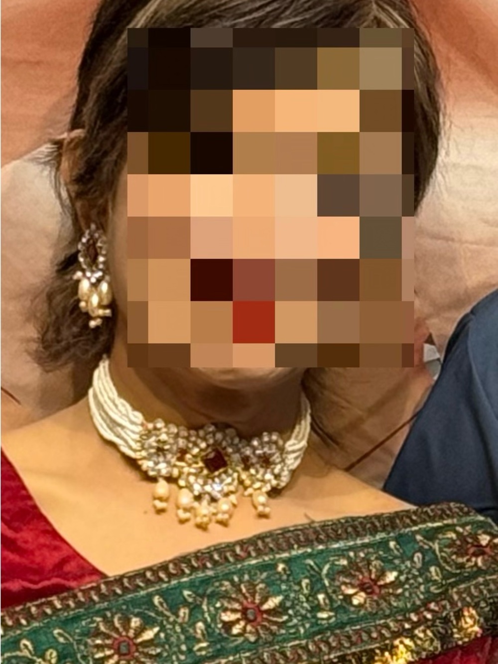 Classic Multi-String Pearl Choker Necklace set with Gold and Red Accents